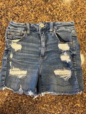 American Eagle Outfitters Blue Distressed High-Rise Denim Shorts